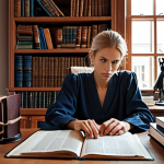 ** A translator deeply focused on their computer, surrounded by law books and documents, perhaps in a cozy, well-lit home office. The scene should convey expertise and seriousness. Consider adding elements like a Swedish flag or legal symbols to reflect the content.

**