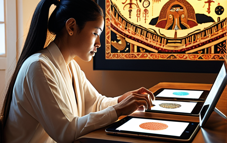 A professional translator sits at a sleek, modern desk, deeply immersed in a tablet displaying a rich tapestry of interwoven cultural symbols and nuanced language patterns. Soft, warm light illuminates their face, emphasizing human empathy, creative thought, and deep understanding. In the subtle background, abstract, glowing digital elements or faint AI interfaces recede, underscoring the irreplaceable human touch in building bridges between cultures. The scene is artistic, insightful, and highlights the depth of human expertise over technology.