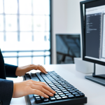 A focused language architect, a female professional, fully clothed in a modest business suit, intently reviewing text on a computer screen. Her hands are positioned naturally over the keyboard, and the screen subtly displays AI-generated suggestions alongside her edits. The setting is a modern, well-lit office space with a clean desk, a high-resolution monitor, and a blurred background suggesting a tech-integrated, collaborative environment. perfect anatomy, correct proportions, natural pose, well-formed hands, proper finger count, natural body proportions, appropriate attire, safe for work, appropriate content, professional.