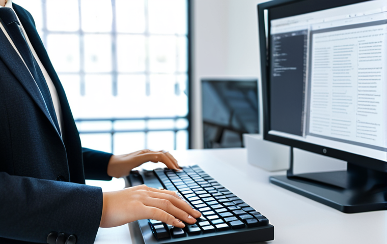 A focused language architect, a female professional, fully clothed in a modest business suit, intently reviewing text on a computer screen. Her hands are positioned naturally over the keyboard, and the screen subtly displays AI-generated suggestions alongside her edits. The setting is a modern, well-lit office space with a clean desk, a high-resolution monitor, and a blurred background suggesting a tech-integrated, collaborative environment. perfect anatomy, correct proportions, natural pose, well-formed hands, proper finger count, natural body proportions, appropriate attire, safe for work, appropriate content, professional.