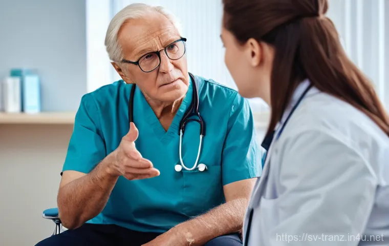 의료 번역 실무 사례 - **Prompt:** A diverse elderly patient, modestly dressed, sits opposite a doctor in a modern, clean S...