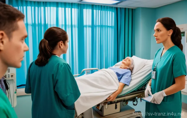 의료 번역 실무 사례 - **Prompt:** A diverse elderly patient, modestly dressed, sits opposite a doctor in a modern, clean S...