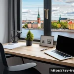Home 22 번역사로서 브랜드 구축하기 - A professional Swedish translator’s modern home office setup, featuring a sleek laptop displaying a ...