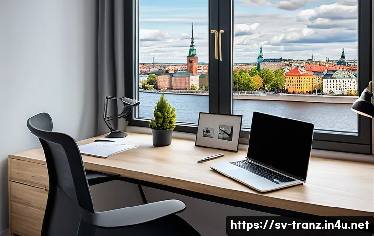 번역사로서 브랜드 구축하기 - A professional Swedish translator’s modern home office setup, featuring a sleek laptop displaying a ...