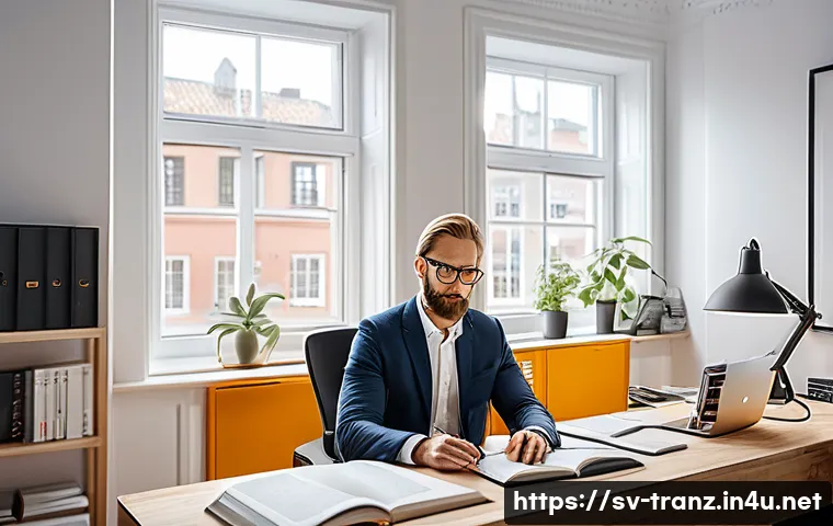 번역사 채용 공고 분석 - A professional Swedish translator working at a modern home office, surrounded by dual computer scree...