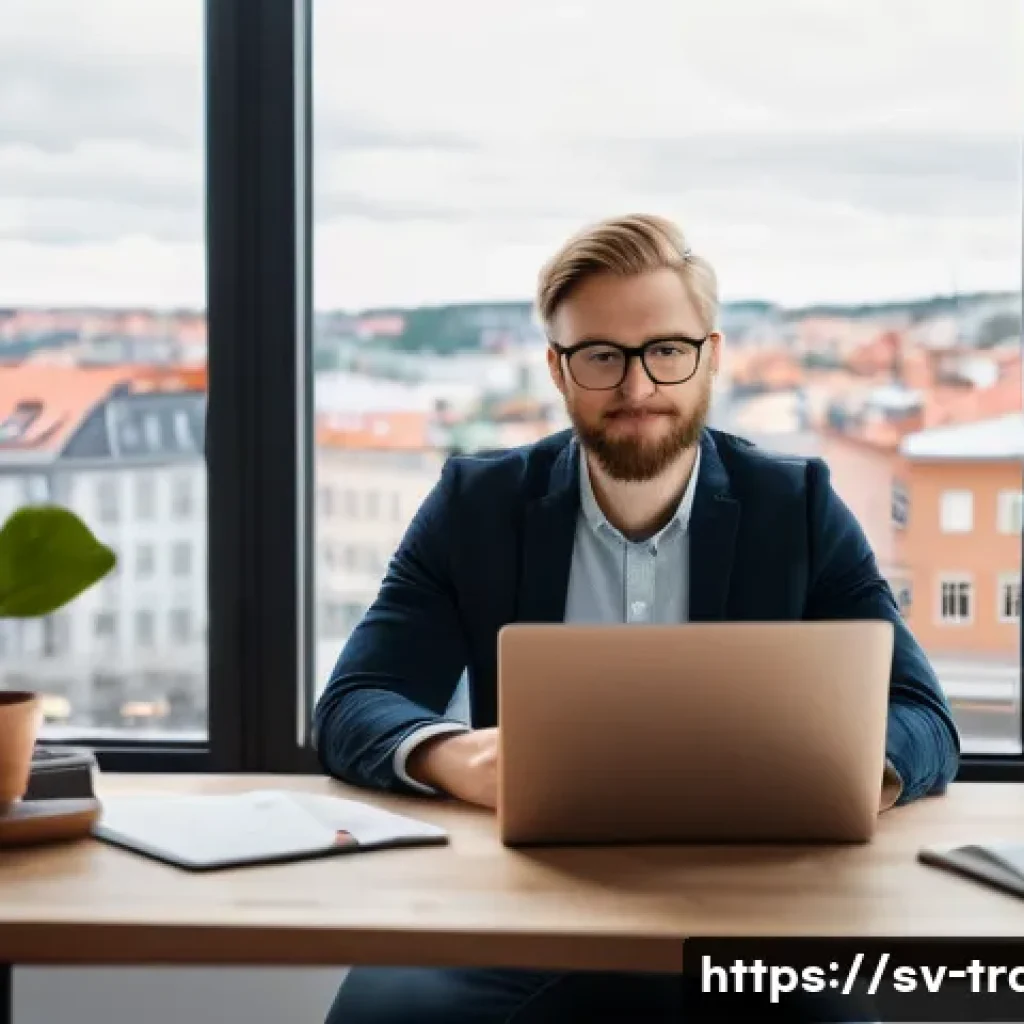 번역사와 클라이언트 사이의 분쟁 해결법 - A modern Scandinavian home office scene depicting a professional translator at work, with a laptop, ...