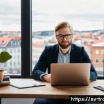 Home 19 번역사와 클라이언트 사이의 분쟁 해결법 - A modern Scandinavian home office scene depicting a professional translator at work, with a laptop, ...