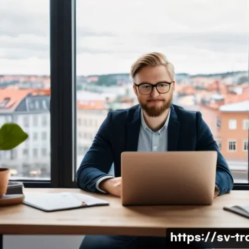 Home 31 번역사와 클라이언트 사이의 분쟁 해결법 - A modern Scandinavian home office scene depicting a professional translator at work, with a laptop, ...