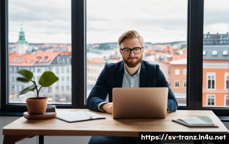 번역사와 클라이언트 사이의 분쟁 해결법 - A modern Scandinavian home office scene depicting a professional translator at work, with a laptop, ...