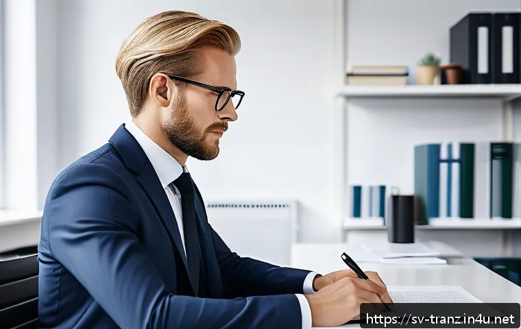 번역 관련 대학원 선택 가이드 - A professional translator sitting at a modern Scandinavian-style desk in a bright, minimalist office...