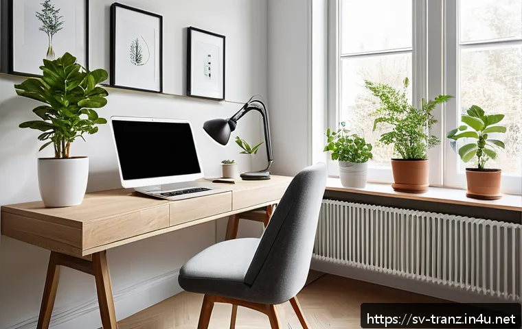번역사를 위한 시간 관리 전략 - A modern, minimalistic home office setup in a bright room with large windows letting in natural ligh...